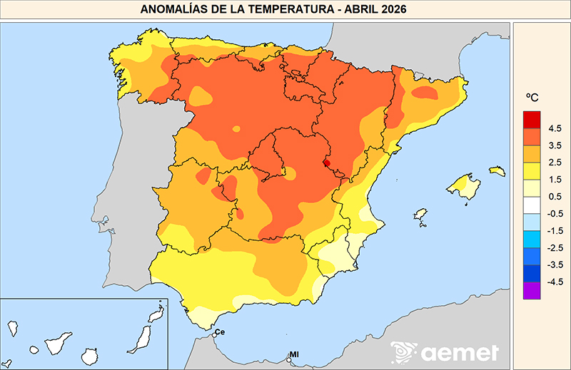 Anomalías de las temperaturas medias en abril de 2026 respecto al período 1991-2020.