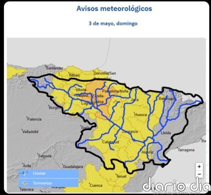 La CHE advierte de posibles "crecidas súbitas" en barrancos y cauces menores en buena parte de la Cuenca del Ebro