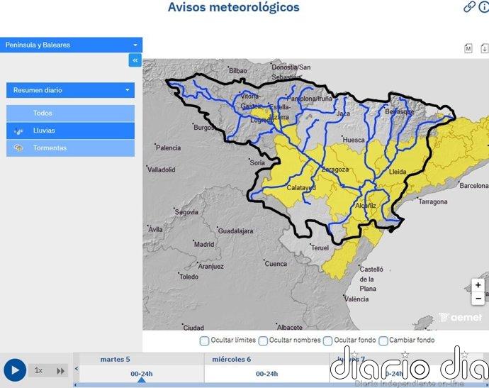 La CHE alerta de crecidas súbitas en cauces menores y barrancos en parte de la Cuenca del Ebro por las intensas lluvias