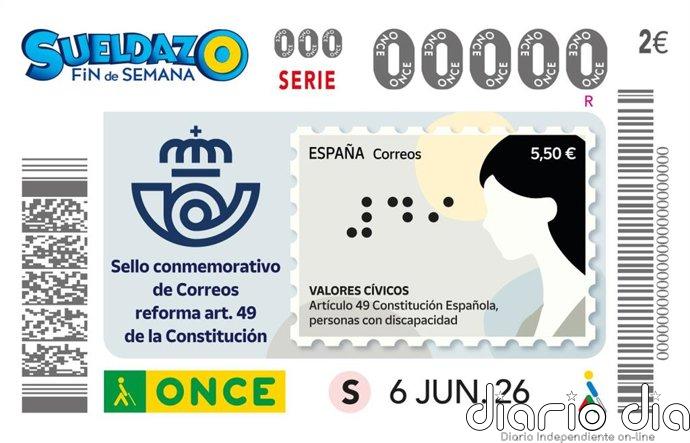 La ONCE dedica un cupón al sello de Correos que celebra la reforma del artículo 49 de la Constitución sobre discapacidad