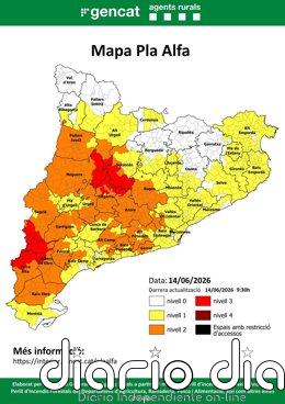 30 municipios de Barcelona, Lleida y Tarragona en peligro muy alto de incendio este domingo Mapa del Plan Alfa para este domingo