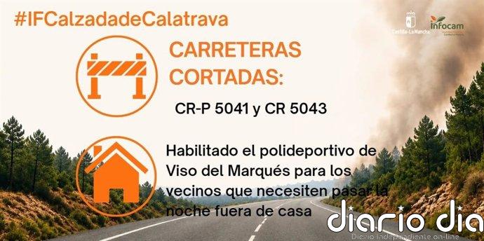 El incendio en Calzada provoca el corte de dos carreteras y el desalojo de los vecinos de Huertezuelas