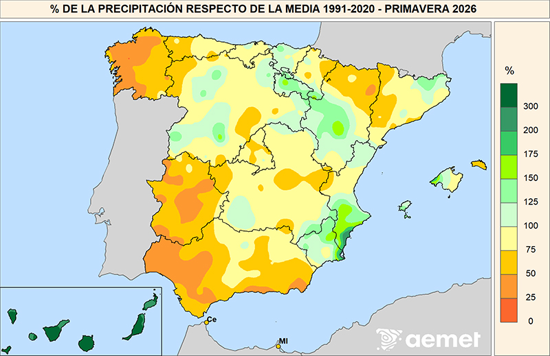 Porcentaje de las precipitaciones respecto al promedio normal del período 1991-2020 durante la primavera 2026.