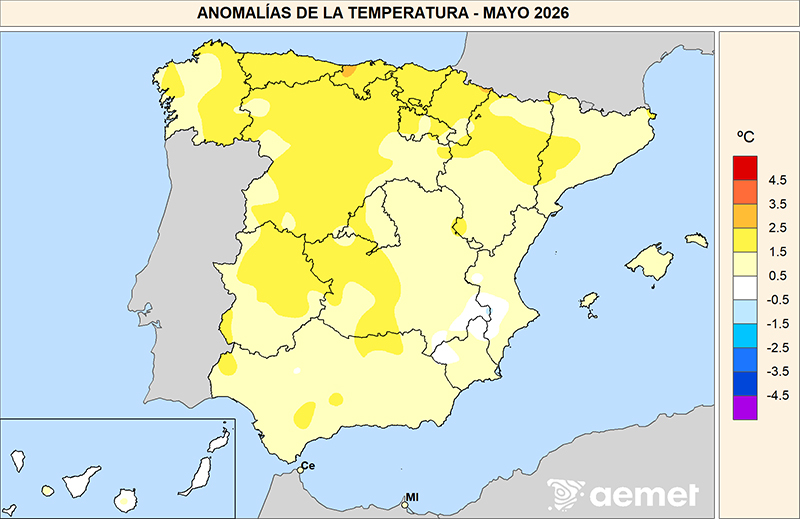 Anomalías de las temperaturas medias en mayo de 2026 respecto al período 1991-2020.