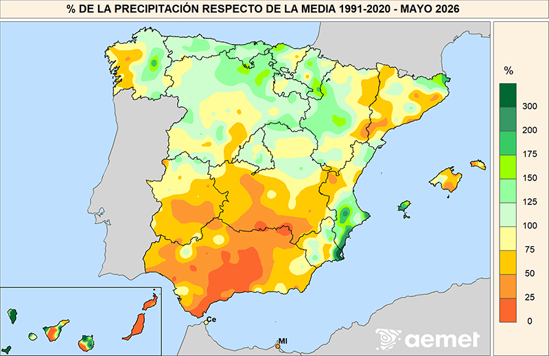 Porcentaje de la precipitación con respecto a la media 1991-2020 en mayo de 2026.
