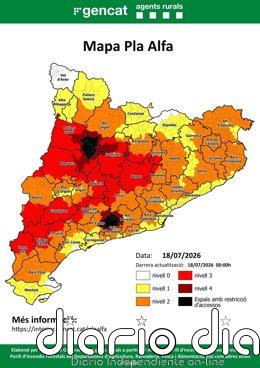 23 municipios de Barcelona, Tarragona y Lleida en peligro extremo de incendio este sábado Mapa del Plan Alfa este sábado