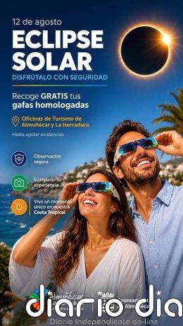 Almuñécar y La Herradura (Granada) repartirán gafas homologadas para disfrutar el eclipse solar del 12 de agosto Cartel sobre el reparto de gafas homologadas para ver el eclipse solar.