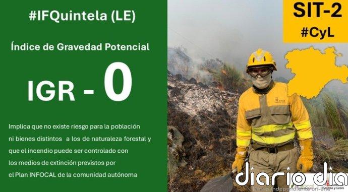 Baja a gravedad 0 el incendio forestal intencionado de Quintela (León)