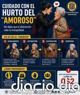 Detenida en Valladolid por un intento de hurto 'amoroso' sobre una mujer mayor a la que acabó por tirar al suelo Información de la Policía Municipal de Valladolid sobre el hurto 'amoroso'.