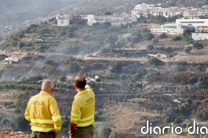 Efectivos del Infoca continúan lucha contra el incendio declarado en Árchez (Málaga), que está estabilizado