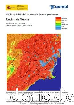 El nivel de riesgo de incendio forestal para este miércoles es extremo en casi toda la Región Nivel de peligro de incendio forestal previsto para este miércoles, 8 de julio, en la Región de Murcia