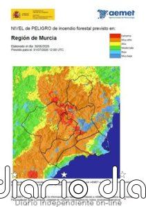 El nivel de riesgo de incendio forestal para este miércoles es muy alto en el Altiplano, Cuenca de Mula y Guadalentín
