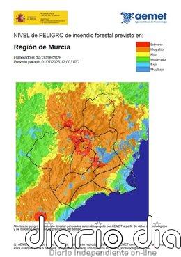 El nivel de riesgo de incendio forestal para este miércoles es muy alto en el Altiplano, Cuenca de Mula y Guadalentín