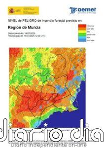 El nivel de riesgo de incendio forestal para este miércoles es muy alto y alto en toda la Región de Murcia