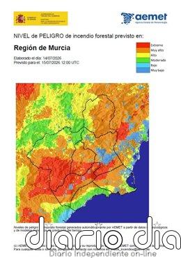 El nivel de riesgo de incendio forestal para este miércoles es muy alto y alto en toda la Región de Murcia