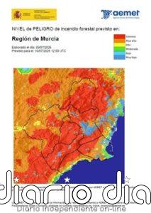 El nivel de riesgo de incendio forestal para este viernes es extremo en el Altiplano, Cuenca de Mula y Guadalentín
