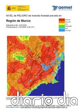 El nivel de riesgo de incendio forestal para este viernes es extremo en la Cuenca de Mula, Guadalentín y Noroeste Nivel de peligro de incendio forestal previsto en la Región de Murcia para este viernes 17 de julio