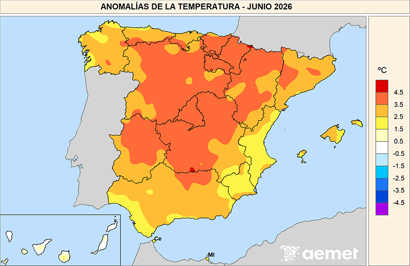 Anomalías de las temperaturas medias en junio de 2026 respecto al período 1991-2020.