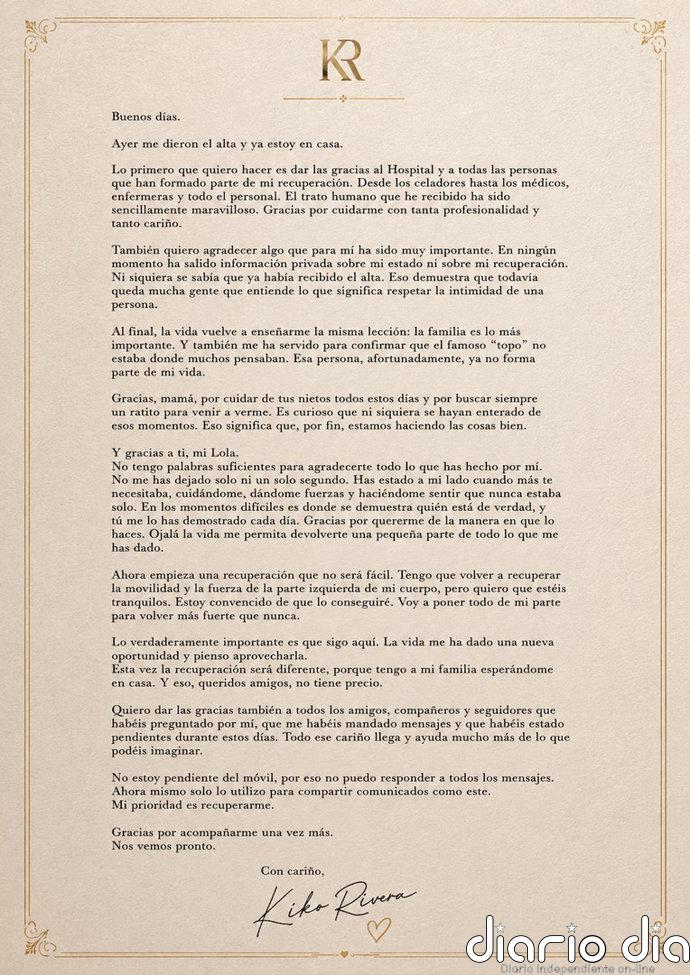 Kiko Rivera recibe el alta hospitalaria y agradece a Isabel Pantoja su apoyo: "Gracias, mamá, por cuidar de tus nietos"