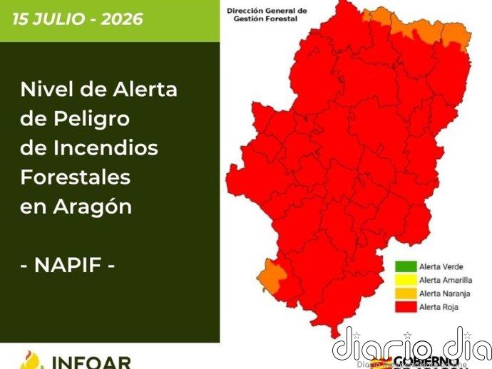 La alerta roja por incendios forestales continúa en 23 zonas de Aragón
