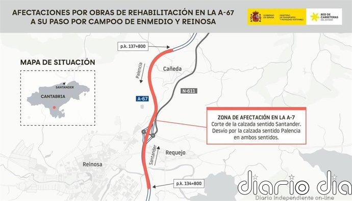 La calzada derecha de la A-67 en sentido Santander se corta al tráfico hasta final de mes en la zona de Reinosa