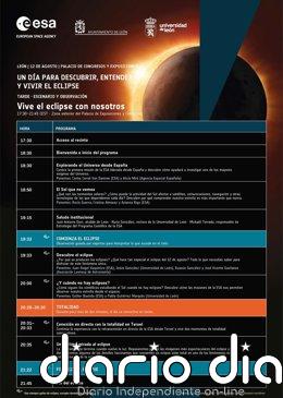 La ESA despliega un amplio programa en León capital para vivir el eclipse de Sol el 12 de agosto Cartel de las actividades programadas por la tarde en el exterior del Palacio de Exposiciones y Congresos de León.