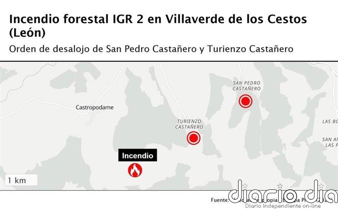 La Junta ordena desalojar dos pueblos de Castropodame por el fuego de Villaverde de los Cestos (León)
