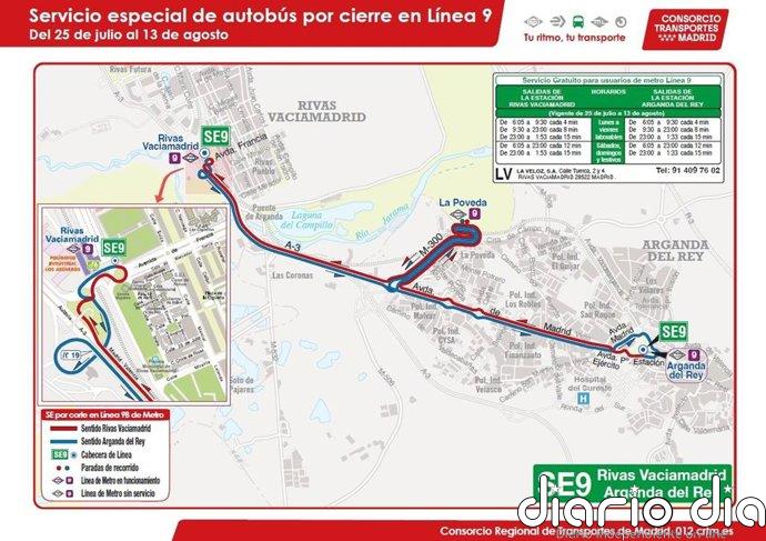 Metro de Madrid corta la L9B entre Rivas y Arganda desde este sábado y habilita un servicio especial de autobuses