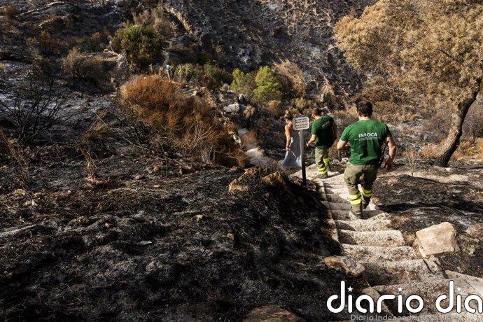 Unos 20 efectivos y dos autobombas trabajan en la noche de este jueves en el remate del incendio de Almería