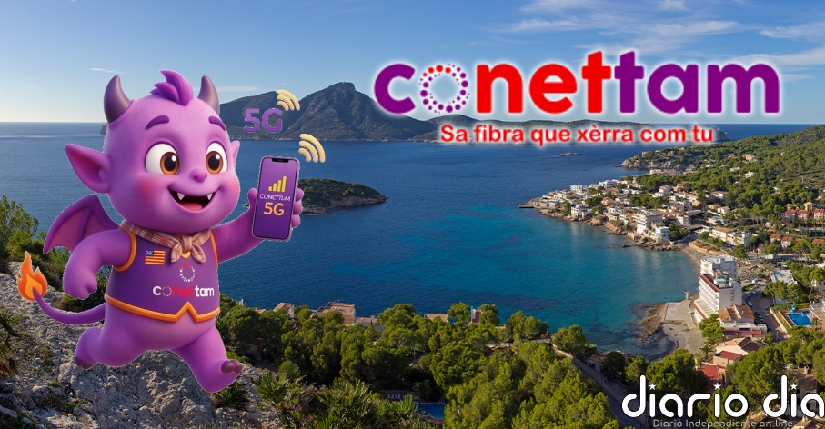 Dimoniet, la mascota de Conettam, en un rincón emblemático de Mallorca. Imagen generada digitalmente, cedida por Conettam.