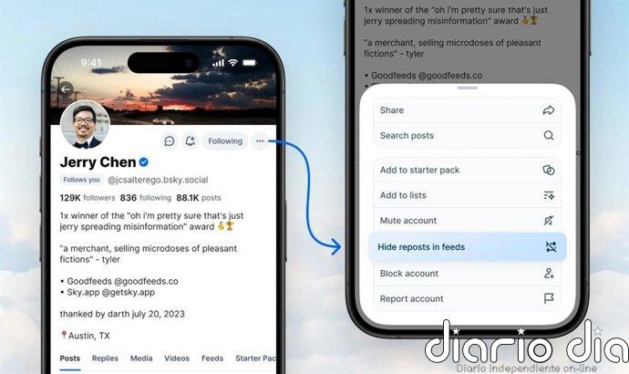 Bluesky permite ocultar las republicaciones compartidas de perfiles seleccionados