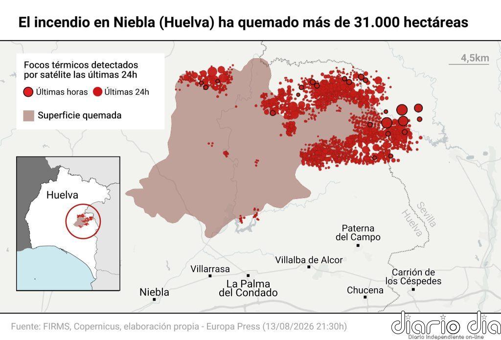 El incendio de Niebla (Huelva) "empeora" en la zona de Aznalcóllar (Sevilla) y avanza hacia El Campillo y Madroñalejo