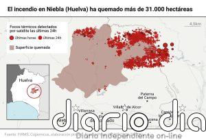 El incendio de Niebla (Huelva) "empeora" en la zona de Aznalcóllar (Sevilla) y avanza hacia El Campillo y Madroñalejo