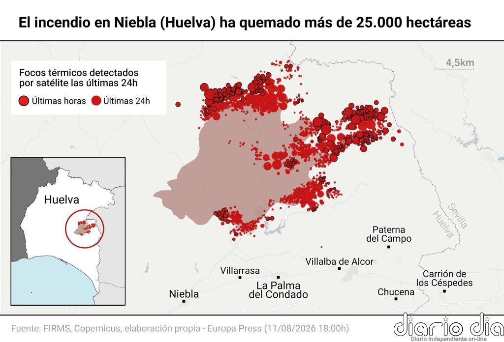 El incendio de Niebla (Huelva) reduce a la "mitad" su propagación respecto al martes y mantiene siete frentes