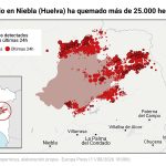 El incendio de Niebla (Huelva) reduce a la "mitad" su propagación respecto al martes y mantiene siete frentes