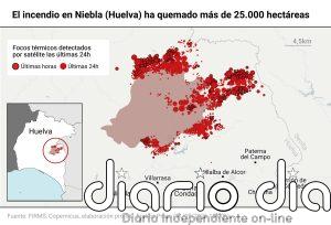 El incendio de Niebla (Huelva) reduce a la "mitad" su propagación respecto al martes y mantiene siete frentes