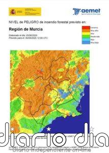 El nivel de riesgo de incendio forestal este jueves es es muy alto o alto en casi toda la Región