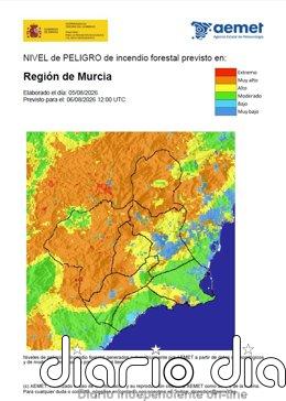 El nivel de riesgo de incendio forestal este jueves es es muy alto o alto en casi toda la Región