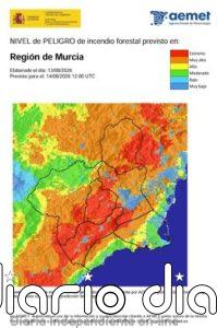 El nivel de riesgo de incendio forestal este viernes es extremo en la Cuenca de Mula y Guadalentín