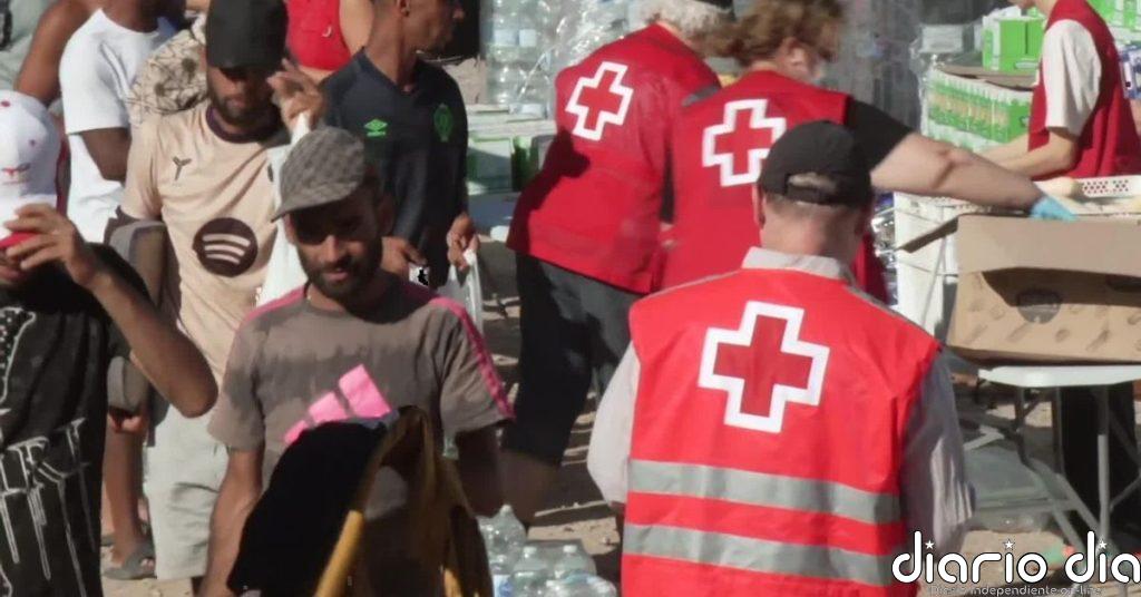 Furgones de la Policía Nacional escoltan a la Cruz Roja para el reparto de comida en Playa de Benítez