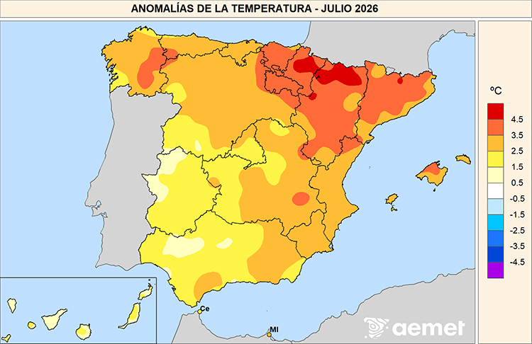 Anomalías de las temperaturas medias en julio de 2026 respecto al período 1991-2020.