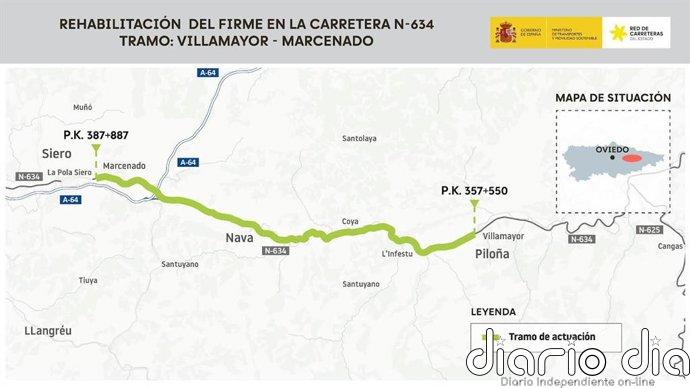 Licitada en 11,4 millones de euros la rehabilitación del firme de la N-634 entre Villamayor y Marcenado