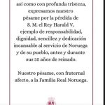 Los Reyes Felipe y Letizia se suman a las condolencias por la muerte del Rey Harald de Noruega