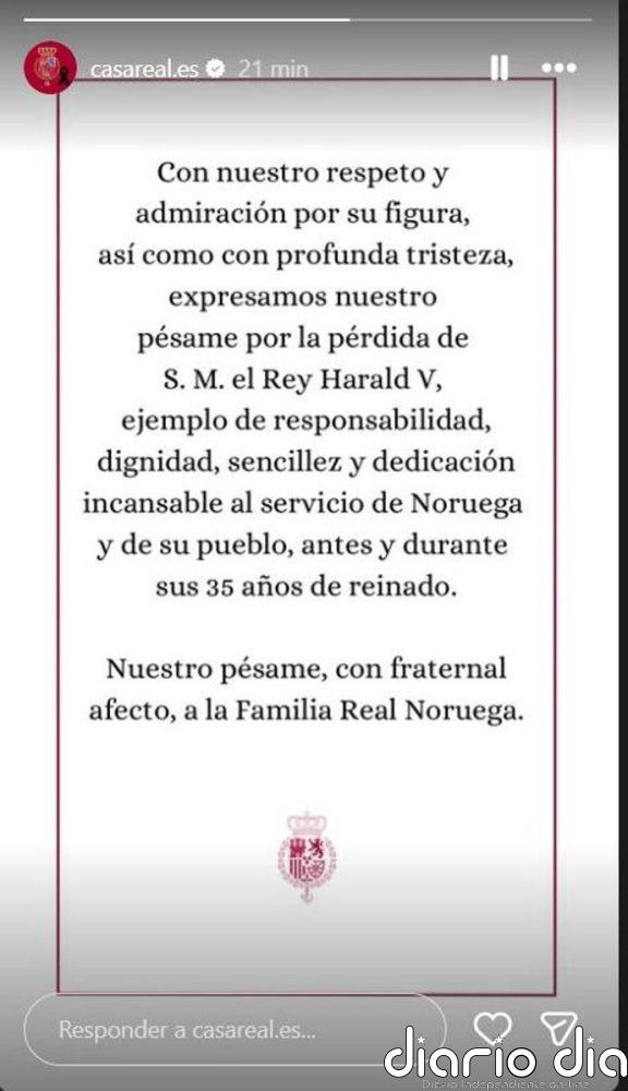 Los Reyes Felipe y Letizia se suman a las condolencias por la muerte del Rey Harald de Noruega