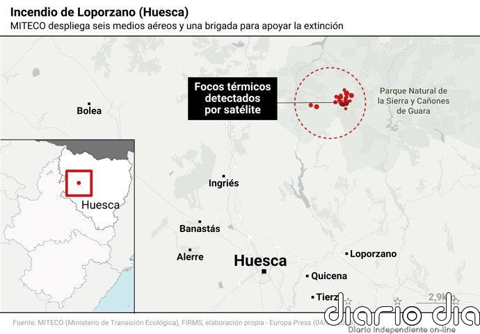 MITECO despliega seis medios aéreos y una brigada para apoyar la extinción del incendio de Loporzano (Huesca)