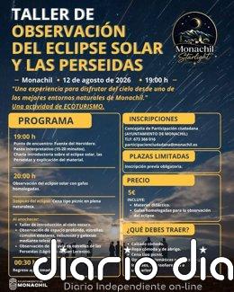 Monachil (Granada) agota en pocos días las cien plazas de un taller de observación de las Perseidas y el eclipse solar Cartel del taller de observación.