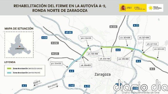 Transportes avanza con las obras de rehabilitación del firme en la Ronda Norte de Zaragoza en la autovía A-2