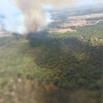 Treinta efectivos por tierra trabajan de madrugada con fuerte viento en el incendio de Lucena del Puerto (Huelva)