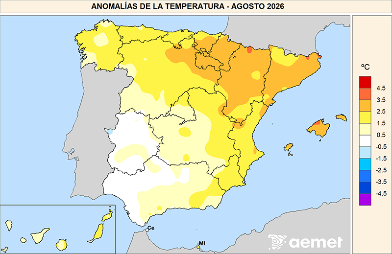 Anomalías de las temperaturas medias en agosto de 2026 respecto al período 1991-2020.
