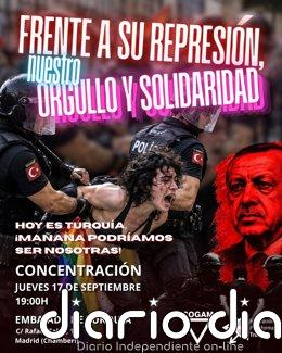 Colectivos LGTBIQA+ convocan una concentración mañana en Madrid contra su "persecución" en Turquía Plataforma Trans y COGAM convocan una concentración este jueves en Madrid contra la persecución LGTBIQA+ en Turquía